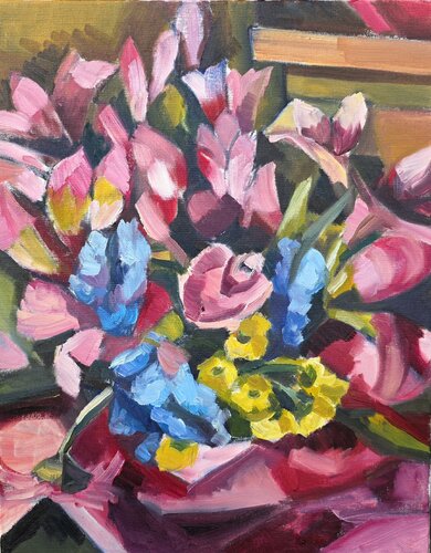 A pink boquet of flowers in the summer par @asaleanderz Leanderz, Peinture en vente sur Singulart
