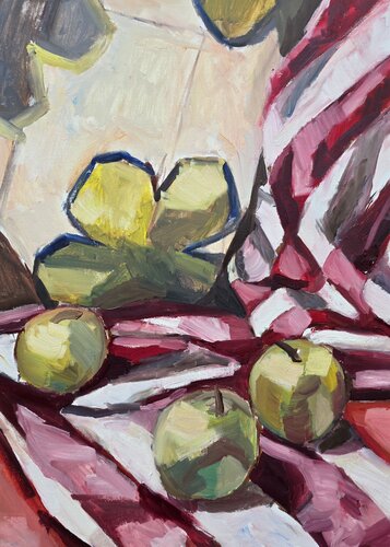 Apples on a floral fabric de @asaleanderz Leanderz, Pintura a la venta en Singulart