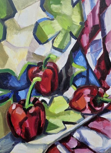 Bellpepper on a blooming textile de @asaleanderz Leanderz, Pintura a la venta en Singulart