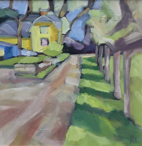 Yellow wooden house in the countryside at springtime de @asaleanderz Leanderz, Pintura a la venta en Singulart