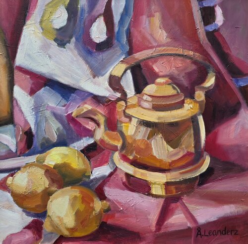 Kitchen still life with a copper pitcher, onions, and a lemon de @asaleanderz Leanderz, Pintura a la venta en Singulart