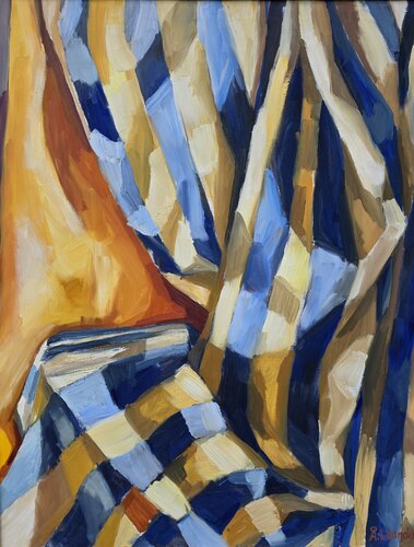 Fabric with blue and yellow stripes par @asaleanderz Leanderz, Peinture en vente sur Singulart