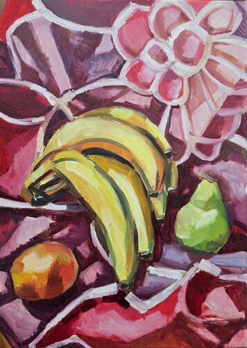 Still Life: Pear, Orange, and Bananas on Pink Floral Cloth von @asaleanderz Leanderz, Malerei kaufen auf Singulart