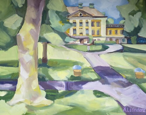 A Lakeside Mansion where Sunbeams Dance through the Branches by @asaleanderz Leanderz, Painting for Sale on Singulart