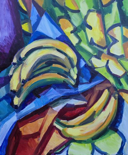 Bananas scattered across a yellow floral background by @asaleanderz Leanderz, Painting for Sale on Singulart