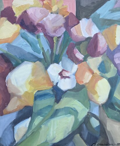 Close-up of a gallery opening flower bouquet by @asaleanderz Leanderz, Painting for Sale on Singulart
