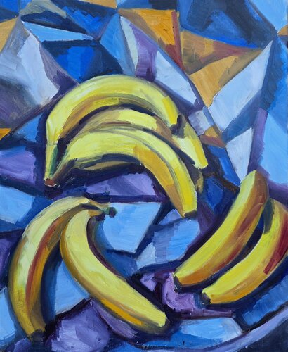Bananas on blue fabric de @asaleanderz Leanderz, Pintura a la venta en Singulart