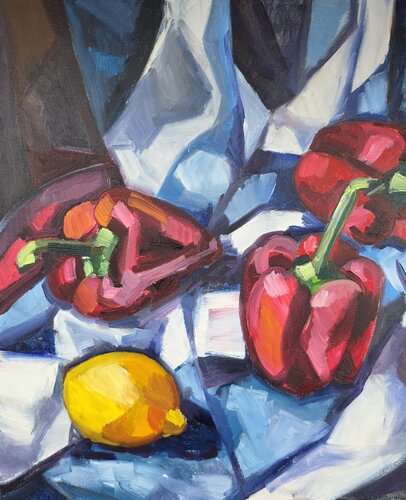 Still Life with Bellpepper and lemon de @asaleanderz Leanderz, Pintura a la venta en Singulart