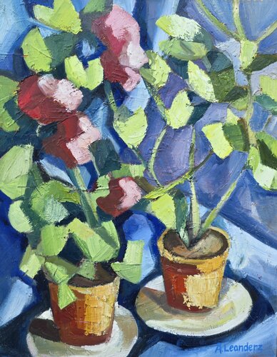 Two blooming geraniums in pots by @asaleanderz Leanderz, Painting for Sale on Singulart