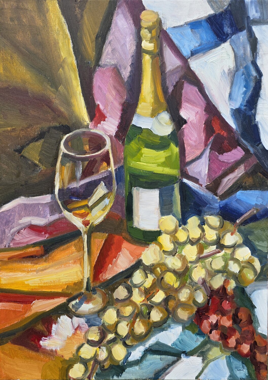 Still Life I with Bottle, Grapes, and Glass @asaleanderz Leanderz Dipinto originale in vendita