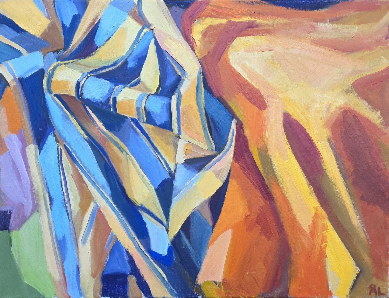 Yellow and Blue Striped Fabric Beside Orange @asaleanderz Leanderz Peinture originale à vendre
