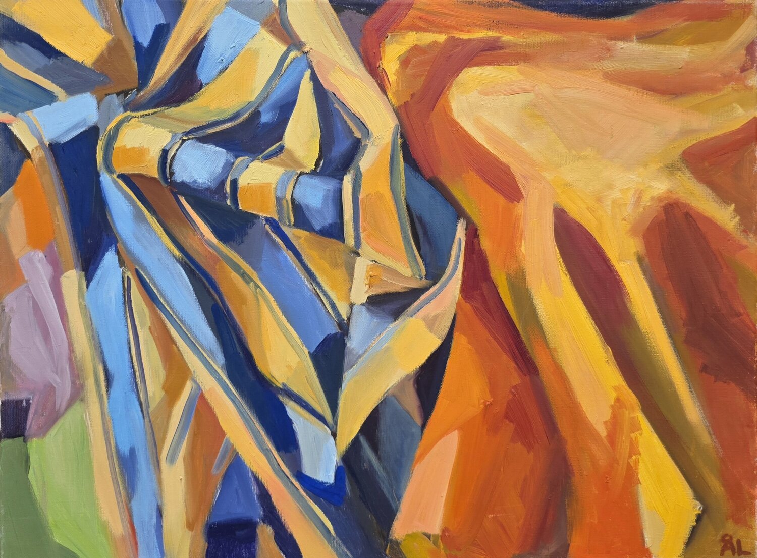 Yellow and Blue Striped Fabric Beside Orange @asaleanderz Leanderz Originalgemälde zu verkaufen