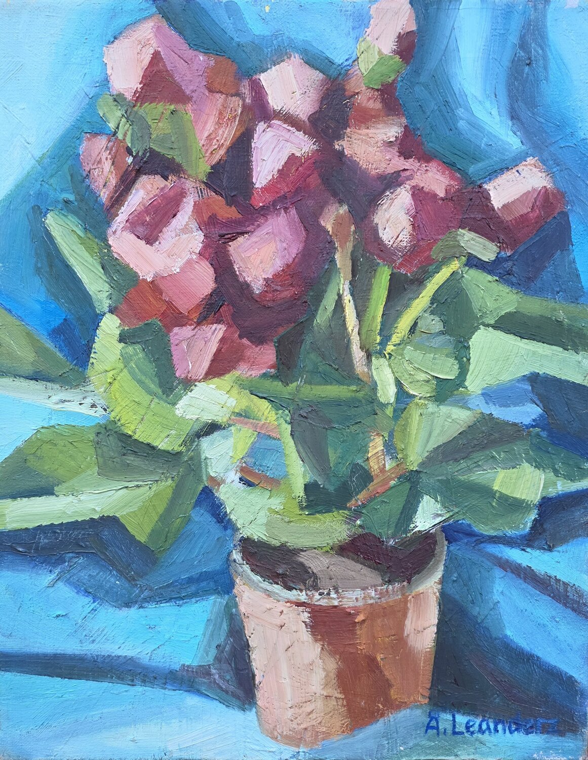 A red begonia plant with blue fabric @asaleanderz Leanderz Origineel schilderij te koop
