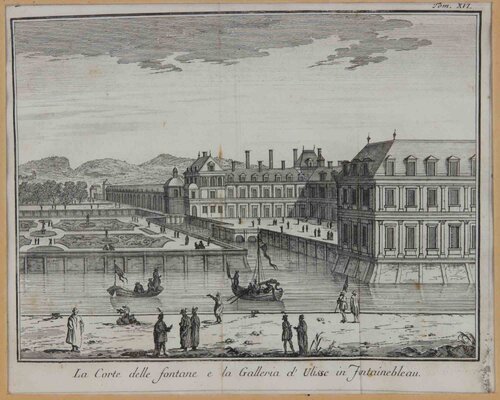 The Court of the Fountains and the Gallery of Ulysses in Fontainebleau von Giambattista Albrizzi, Druck kaufen auf Singulart