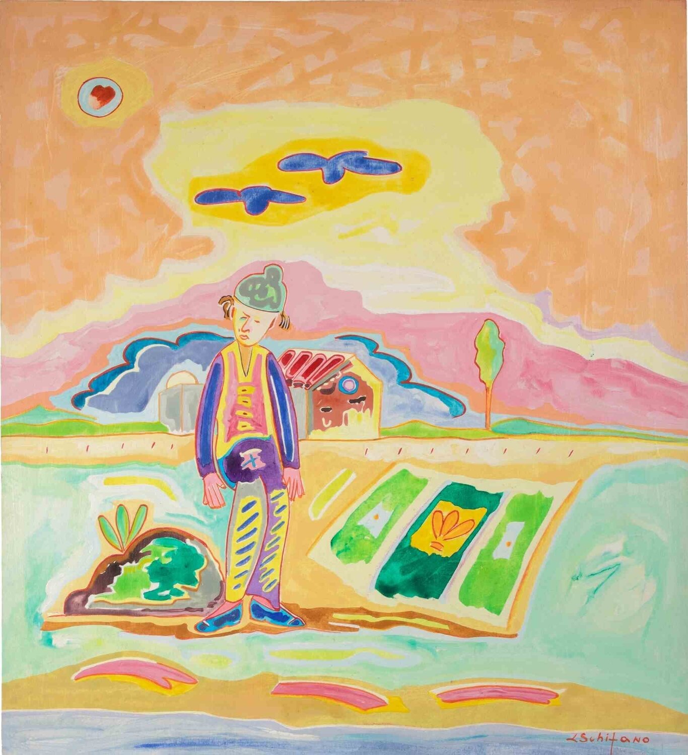 Figure and Cottage Luciano Schifano Dipinto originale in vendita