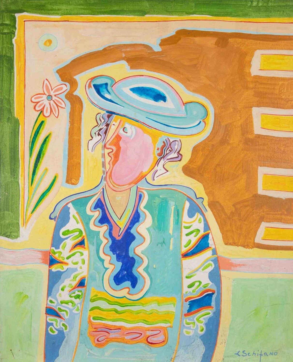 Portrait with Hat Luciano Schifano Dipinto originale in vendita
