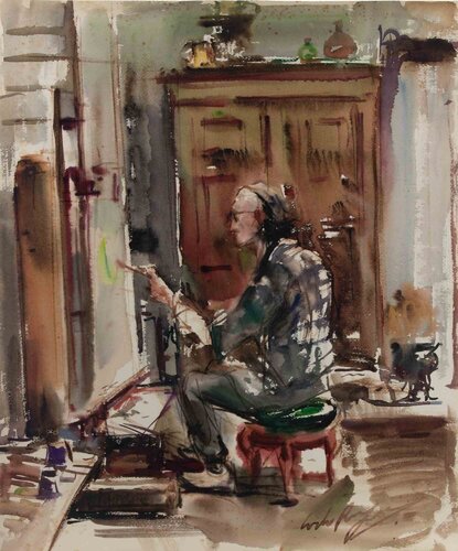 The Painter Bruno Amadio in his Studio di Carlo Ravagnan, Opera su carta in vendita su Singulart
