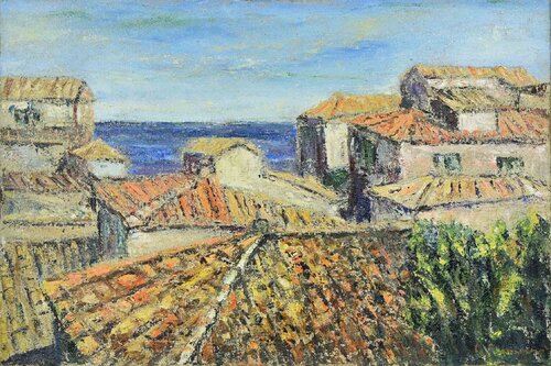  Roofs in front of the Sea di Pino Romanò, Pittura in vendita su Singulart