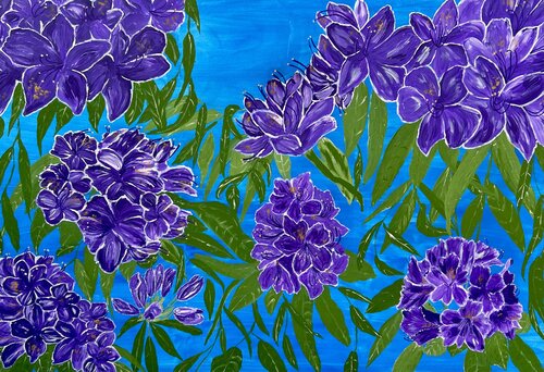 Purple Rhododendrons on Intense Blue (Rhododendrons Flowers) de Ruth Breen, Pintura a la venta en Singulart