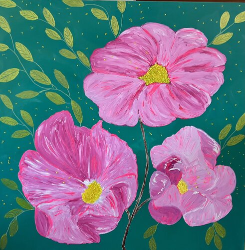 Wild Pink Roses on Deep Green (Flowers) by Ruth Breen, Painting for Sale on Singulart