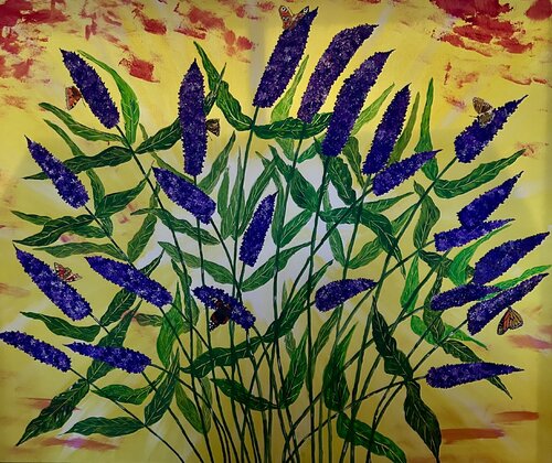 Purple Buddleia with Butterflies (Flowers) de Ruth Breen, Pintura a la venta en Singulart