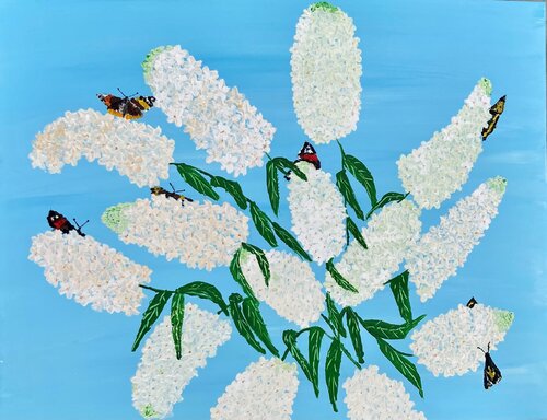 White Buddleia with butterflies (flowers) von Ruth Breen, Malerei kaufen auf Singulart