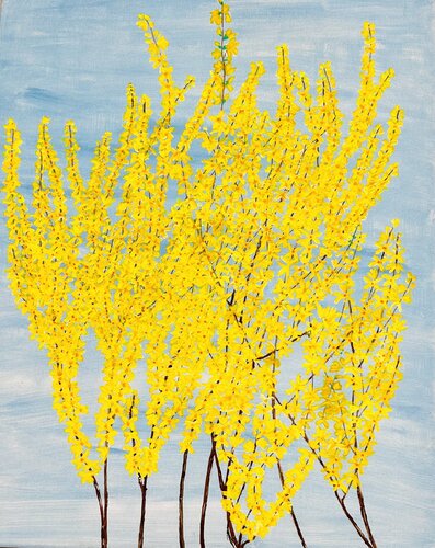 Forsythia on blue (flowers) de Ruth Breen, Pintura a la venta en Singulart