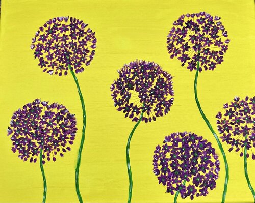 Purple Allium flowers on yellow di Ruth Breen, Pittura in vendita su Singulart
