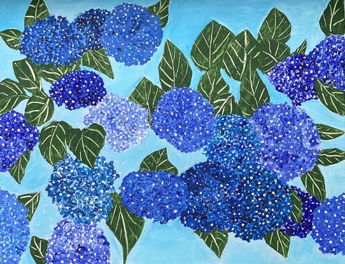 Hydrangeas Flowers on Blue di Ruth Breen, Pittura in vendita su Singulart