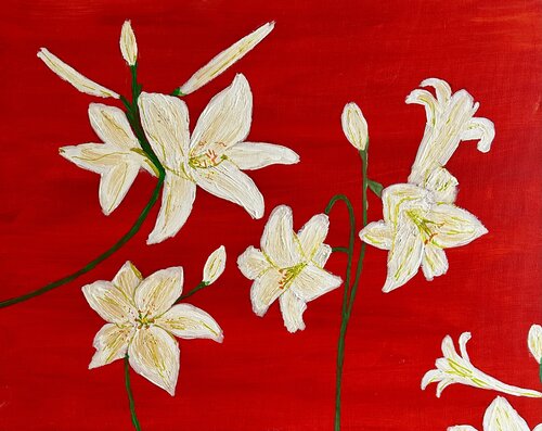 Lilies on Red (flowers) di Ruth Breen, Pittura in vendita su Singulart