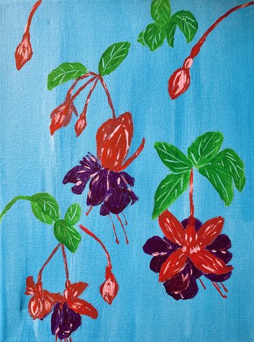 Fuchsias on Vivid Blue di Ruth Breen, Pittura in vendita su Singulart