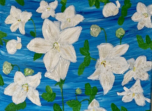 White lilies flowers on blue van Ruth Breen, Schilderij te koop op Singulart