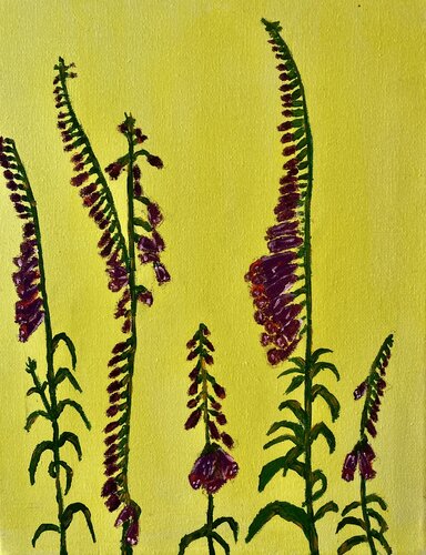 Foxgloves flowers on yellow de Ruth Breen, Pintura a la venta en Singulart