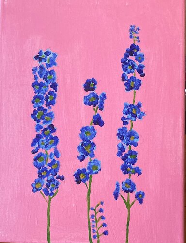 Hollyhocks on pink di Ruth Breen, Pittura in vendita su Singulart