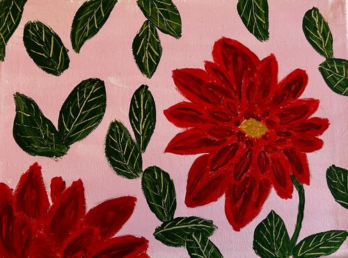 Red Dahlias on pink de Ruth Breen, Pintura a la venta en Singulart