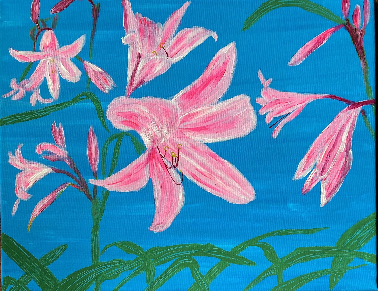 Pink Lilies on blue (Flowers) Ruth Breen
