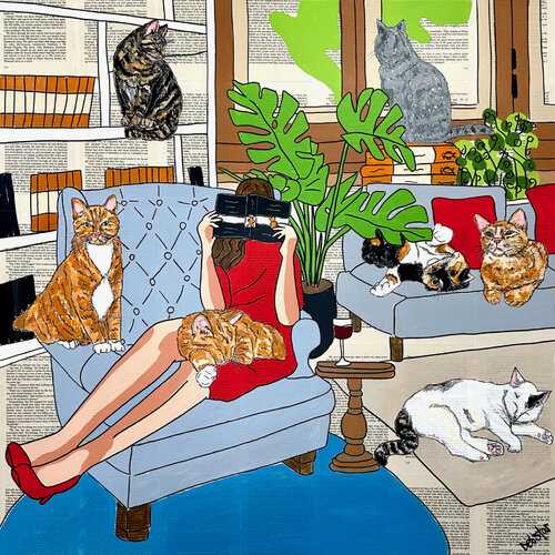 Cat Capers - Crazy Cat Lady 76cm x 76cm DEBORAH LANG