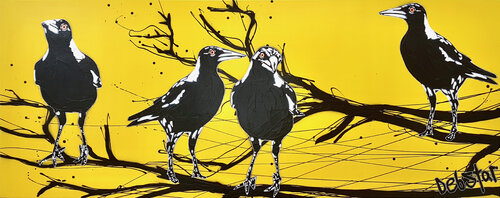 Mischievous Magpies Yellow Pop 92cm x 61cm by DEBORAH LANG, Painting for Sale on Singulart