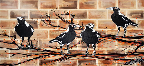 Mischief of Magpies! Brick Wall! 152cm x 91cm von DEBORAH LANG, Malerei kaufen auf Singulart