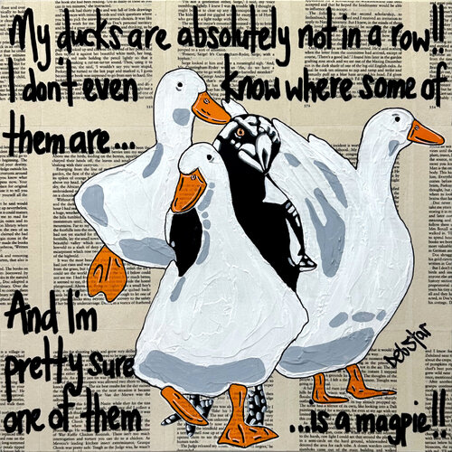 Ducks in a Row Magpie Book Pages 40cm x 40cm van DEBORAH LANG, Schilderij te koop op Singulart
