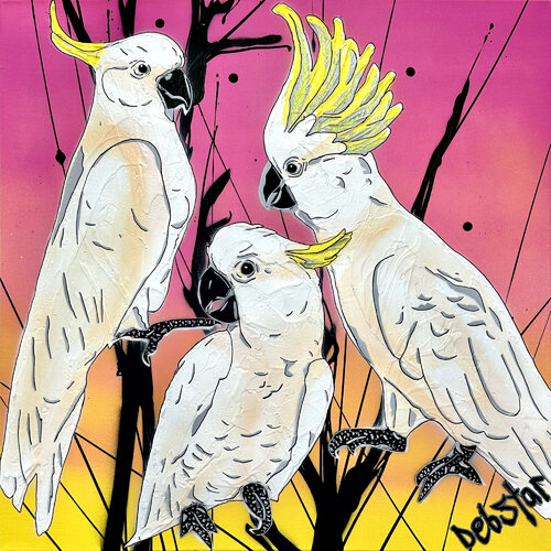 Crackle of Cockatoos Sunset 61cm x 61cm van DEBORAH LANG, Schilderij te koop op Singulart