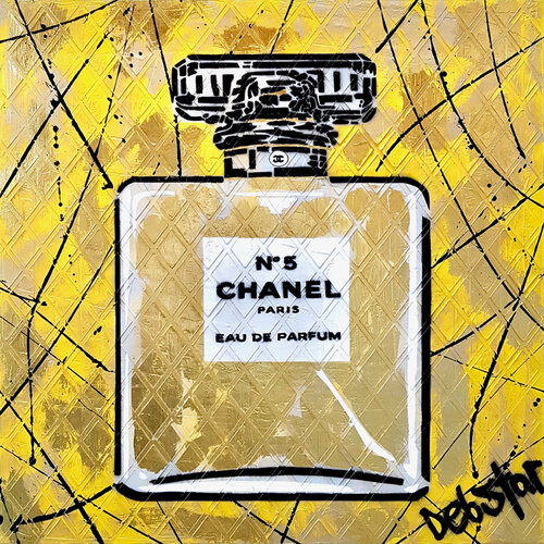 Chanel No 5 Perfume Bottle Yellow XL 81cm x 81cm de DEBORAH LANG, Pintura a la venta en Singulart