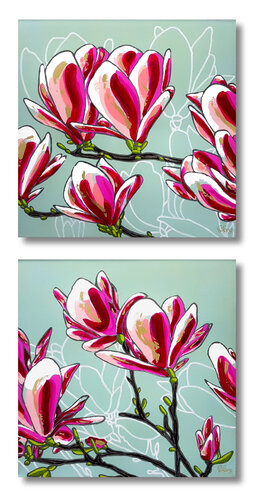 Duck Egg Blue Magnolias Diptych 122cm x 61cm de DEBORAH LANG, Pintura a la venta en Singulart