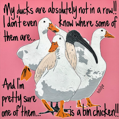 Ducks in a Row Pink Bin Chicken 61cm x 61cm de DEBORAH LANG, Pintura a la venta en Singulart