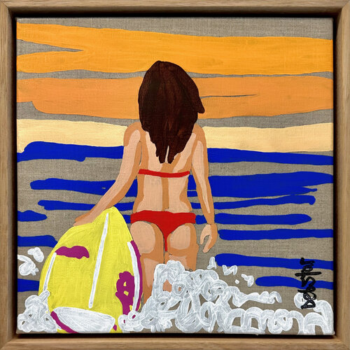 Lady in Red - Surf  33.5cm x 33.5cm Framed van DEBORAH LANG, Schilderij te koop op Singulart