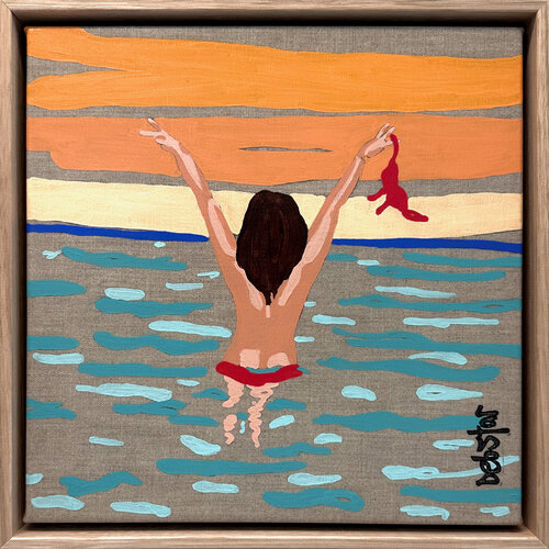 Lady in Red - Morning Dip 33.5cm x 33.5cm Framed van DEBORAH LANG, Schilderij te koop op Singulart