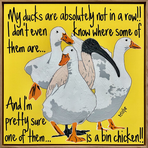 Ducks in a Row Yellow Bin Chicken Framed 64cm x 64cm de DEBORAH LANG, Pintura a la venta en Singulart