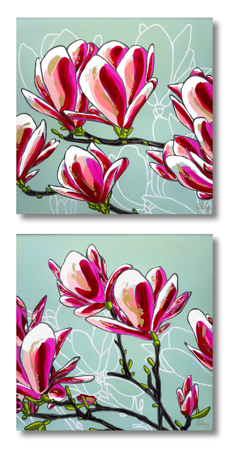 Duck Egg Blue Magnolias Diptych 122cm x 61cm DEBORAH LANG Dipinto originale in vendita