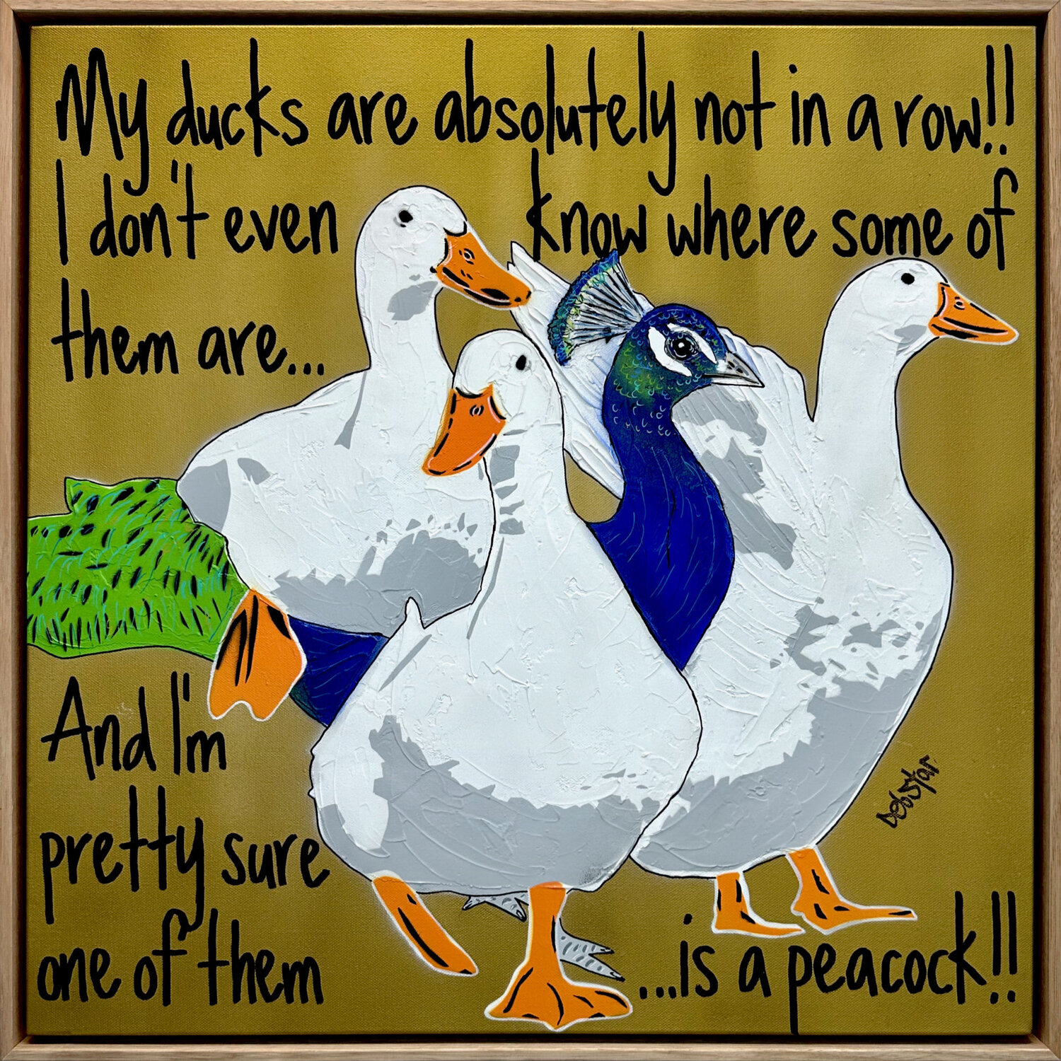Ducks in a Row Gold Peacock Framed 64cm x 64cm DEBORAH LANG Originalgemälde zu verkaufen