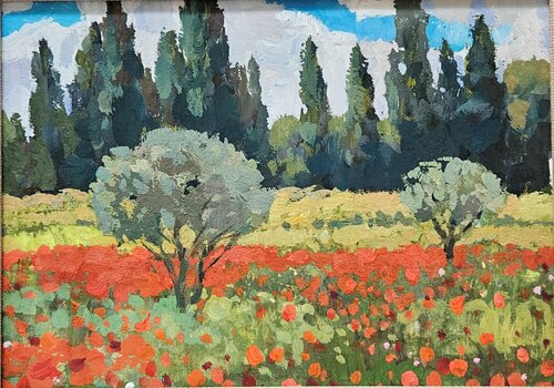 Olive Trees and Poppy Bloom, Occitanie Landscape Painting von Tatiana Hellum, Malerei kaufen auf Singulart